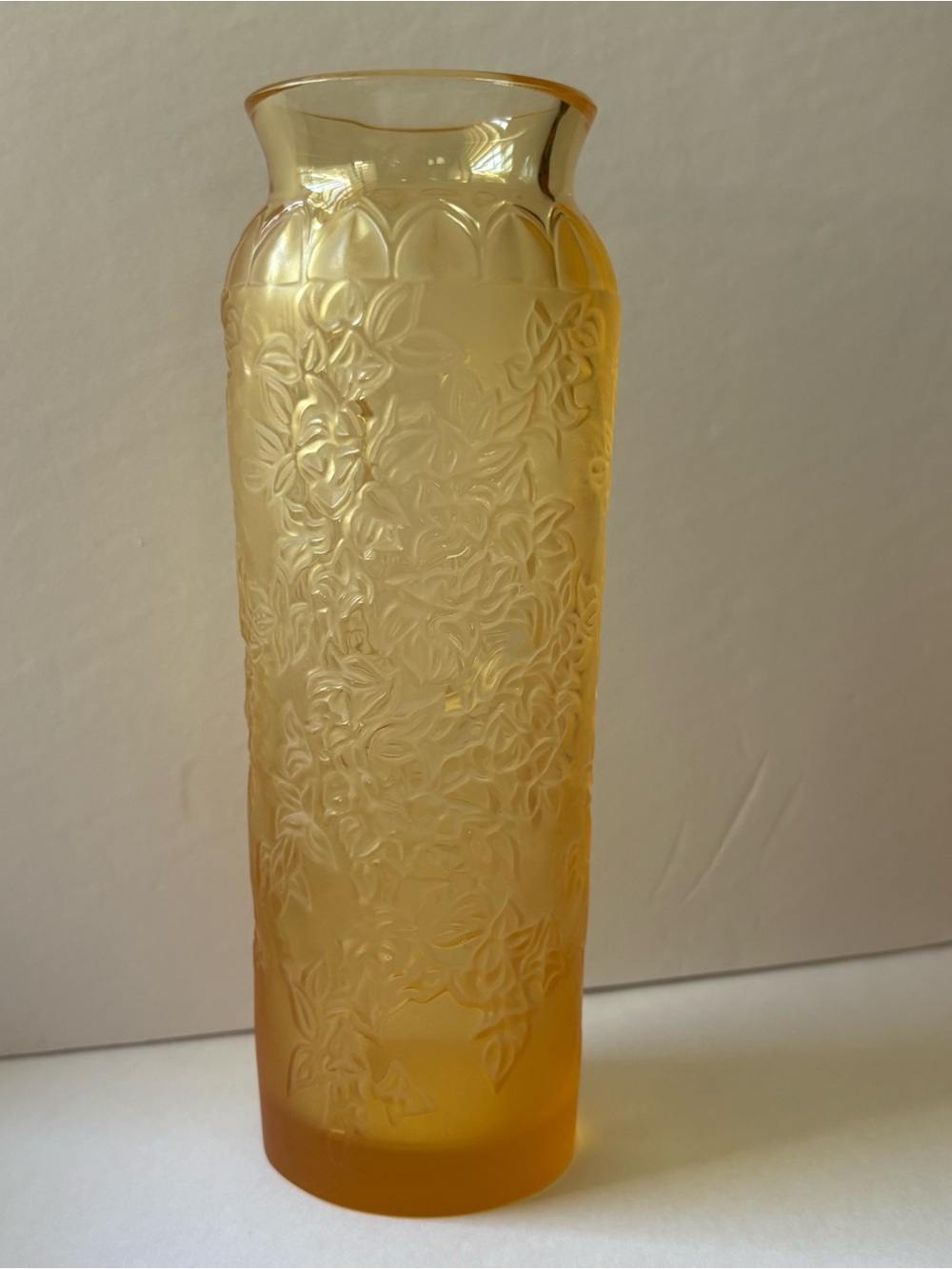 Lalique France Crystal Bougainvillea Vase Amber/Gold Frosted Floral 9” Vintage